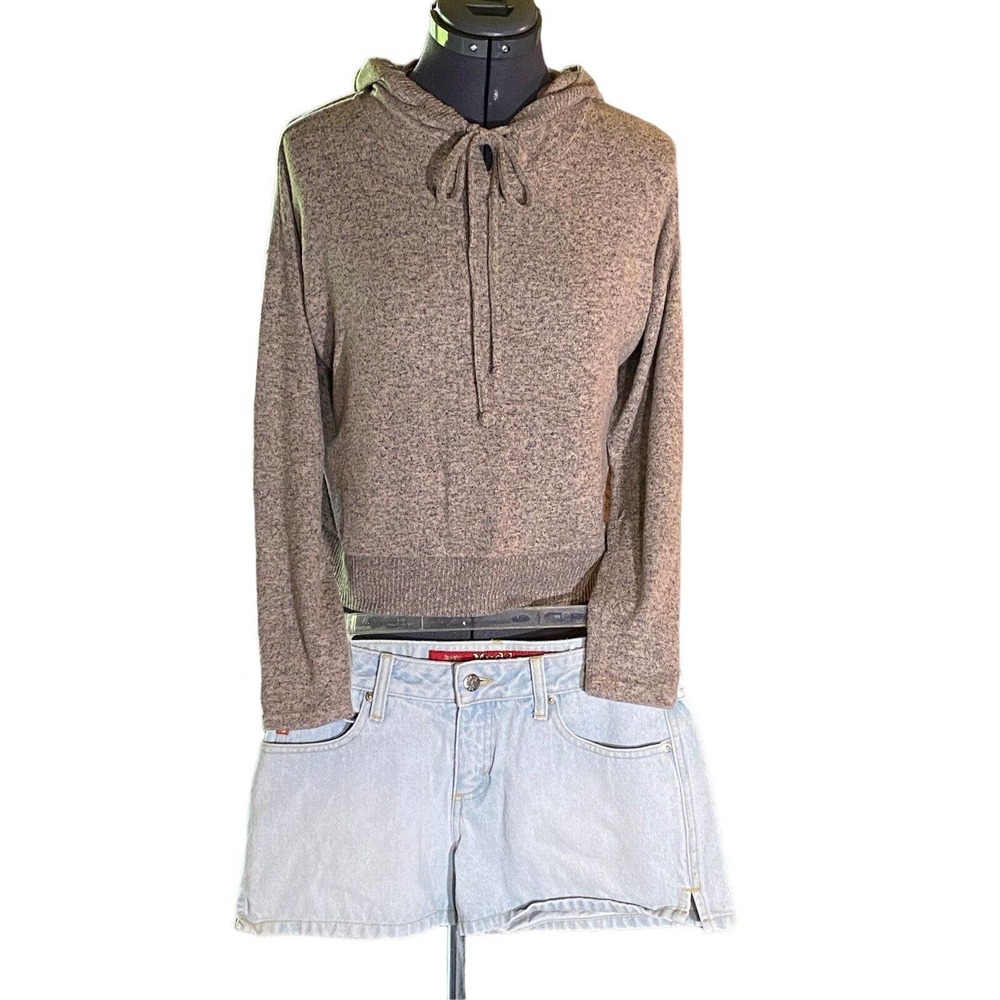 No Frills Womens Long Sleeve Soft Taupe Burnout Crop Drawstring Hoodie Size S